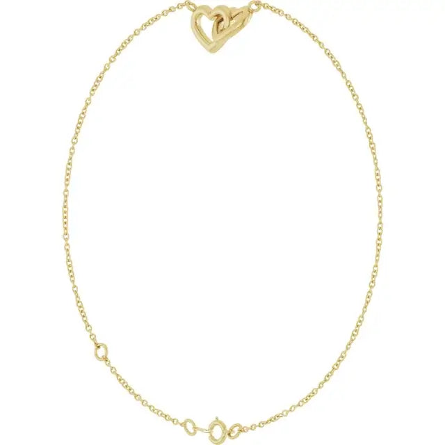 Brățară aur 14K Sorelle cu două inimi interconectate, eleganță minimalistă, ideală pentru cadouri de lux femei, disponibilă în galben, alb, roz.