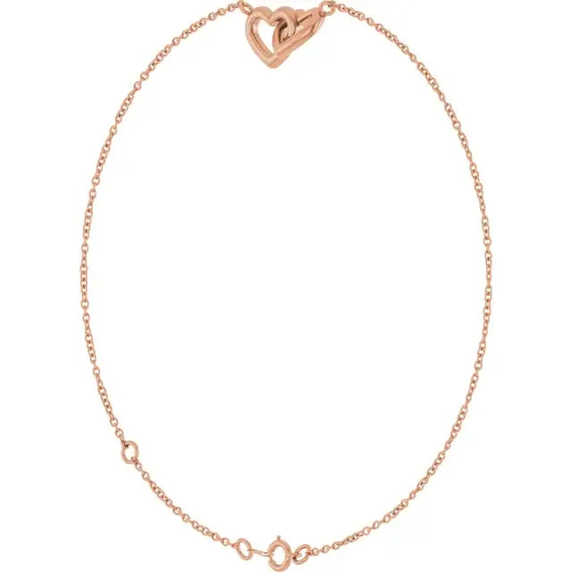 Brățară Sorelle din aur roz 14K cu design inimi interconectate, minimalistă și elegantă, perfecta pentru cadou premium femei.