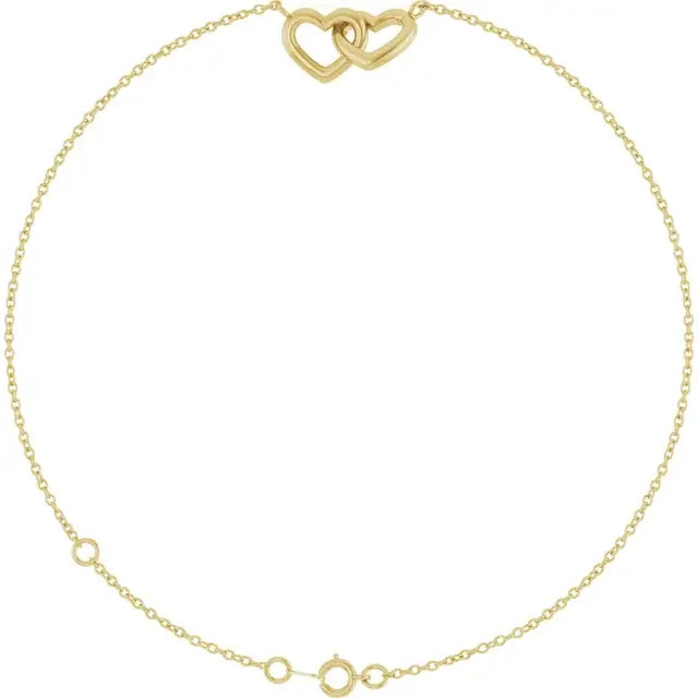 Brățară elegantă din aur 14K cu design minimalist de inimi interconectate, simbolizând conexiuni profunde, ideală ca bijuterie de zi cu zi.
