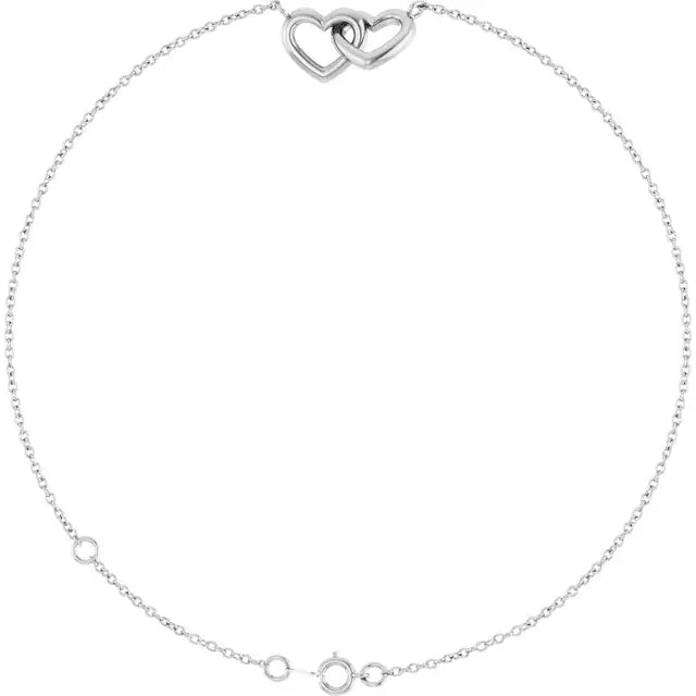 Brățară din aur alb de 14K Sorelle cu design minimalist de inimi interconectate, simbolizând conexiunea și eleganța.
