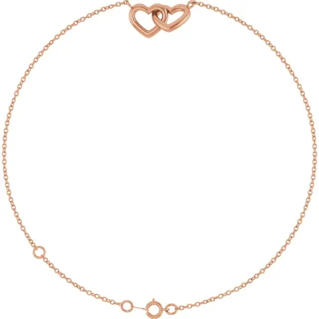 Brățară aur 14K Sorelle cu design delicat inimi interconectate, simbol dragoste și prietenie, bijuterie elegantă pentru femei.
