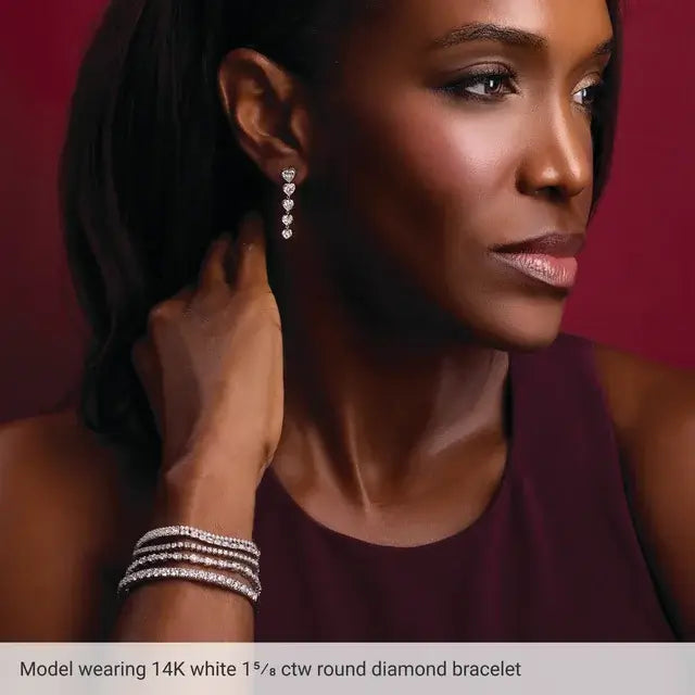 Elegant woman wearing 14K white gold bracelet with lab-grown diamonds, showcasing luxury and sophistication.