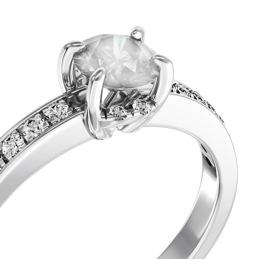 Inel logodnă din platină cu diamant central 1ct și diamante mici cultivate în laborator, design elegant și strălucitor.