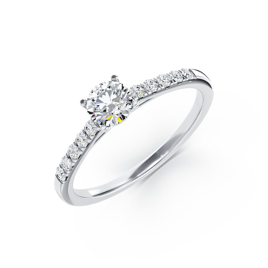 Inel logodnă platină cu diamant central 0.3ct și 10 diamante mici, design elegant și luxos pentru femei, simbol al iubirii pure.