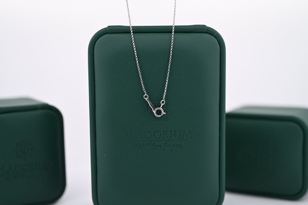 Elegant lanț de platină 1mm pe fundal verde, simbol al rafinamentului și durabilității de la Pladorium, bijuterie pentru femei.