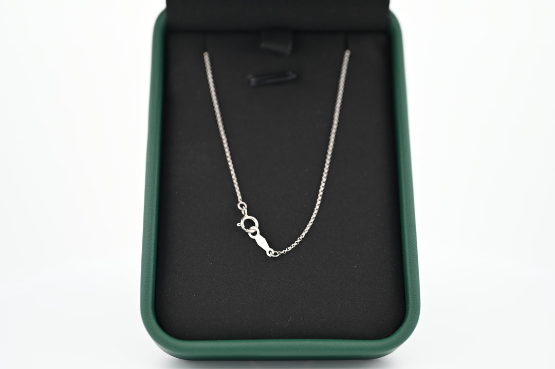 Elegant lanț de platină 1mm, simbol al rafinamentului și durabilității, prezentat într-o cutie verde de lux, ideal pentru femei.